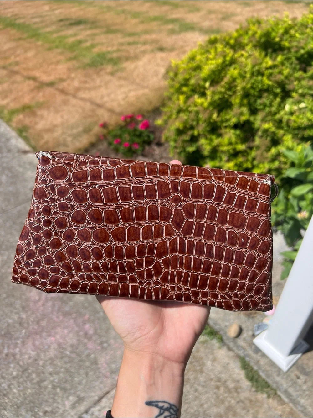 Vintage MSC Brown Faux Croc Wristlet Clutch Polka Dot Interior